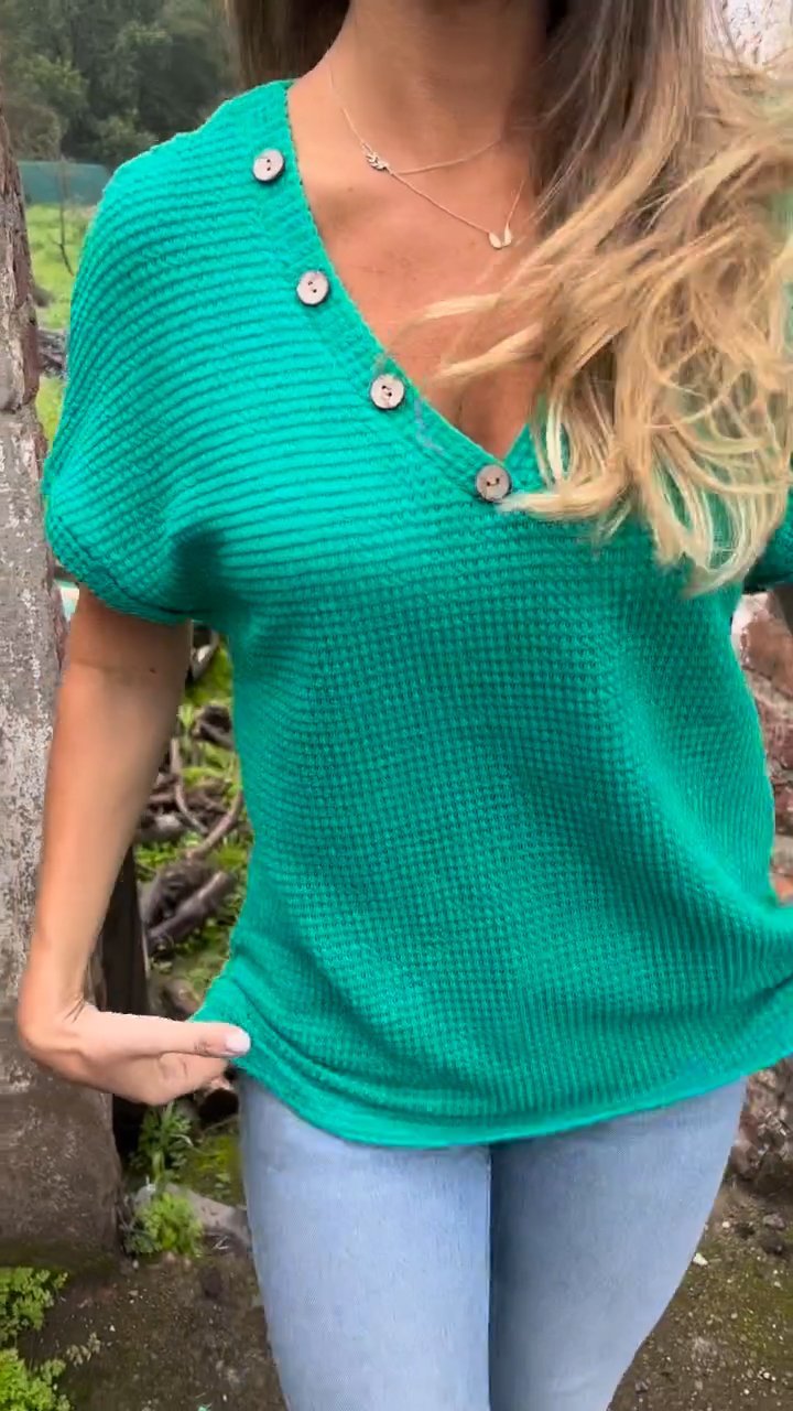 Knitted Cotton and Linen V-neck Top green