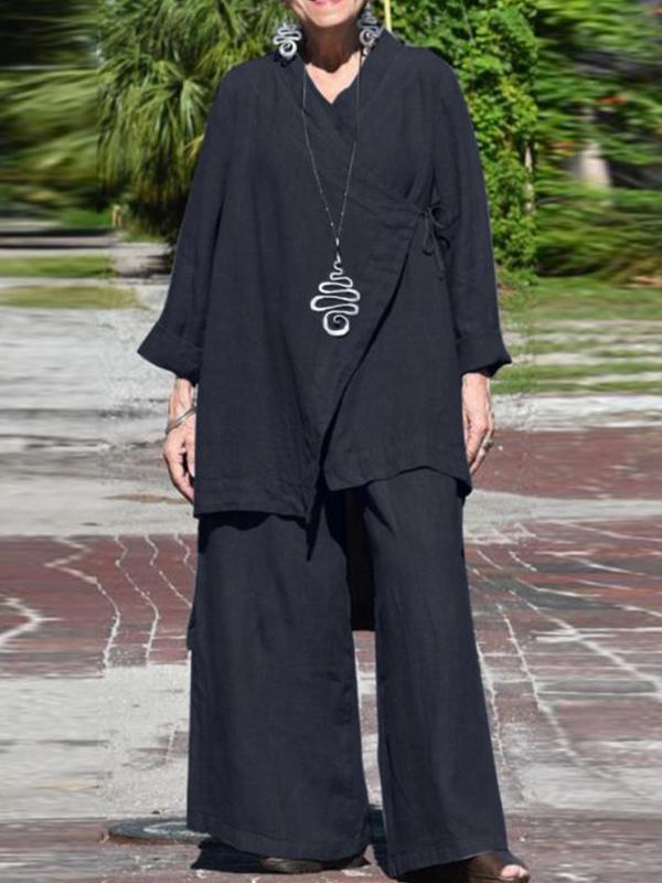 V-neck Casual Loose Long-sleeved Shirt Wide-leg Pants Suit Navy Blue