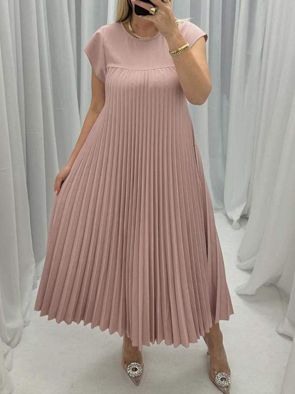 Round Neck Pleated Cap Sleeve Dress pink