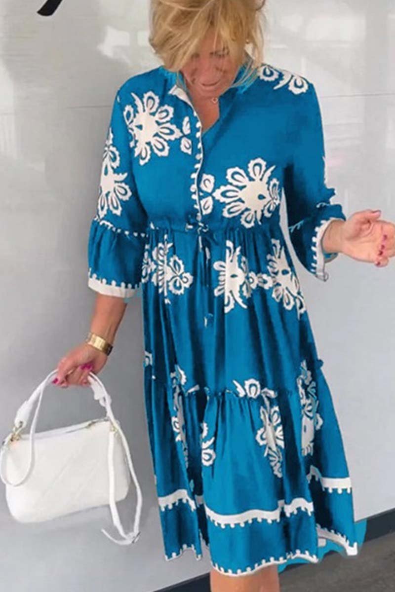 Casual printed three-quarter sleeve dress Peacock blue