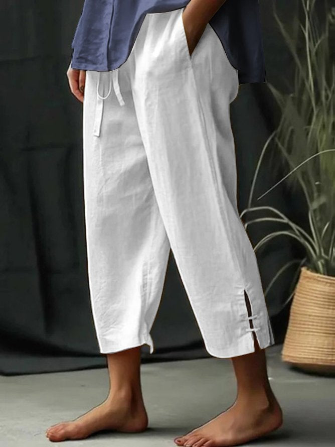 Elastic Band Loose Plain Casual Pants White