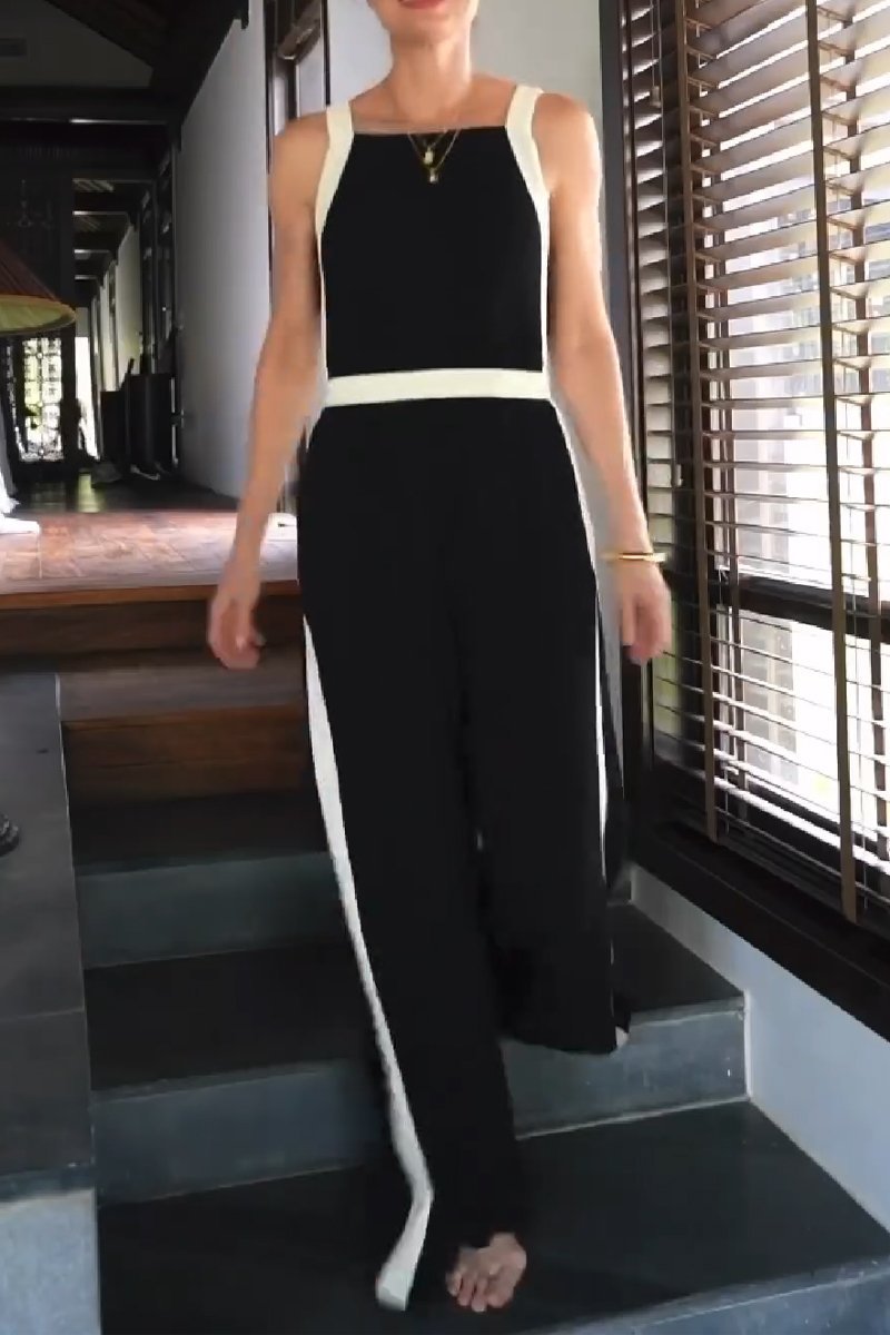 Women's Casual Black and White Patchwork Waist Jumpsuit