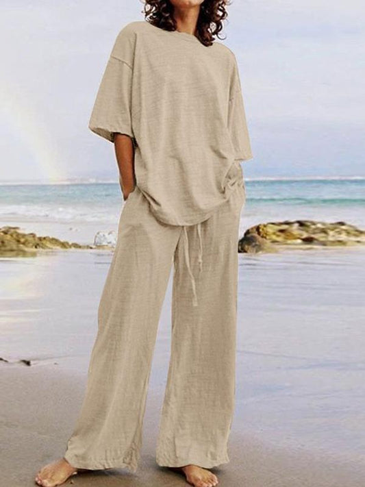 Casual Half-sleeved Top and Wide-leg Pants Set Khaki