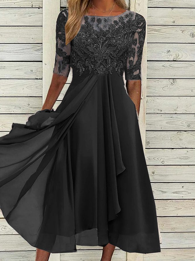 Round Neck Lace Swing Elegant Occasion Formal Wedding Guest Midi Prom Dress Black