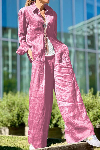 Casual solid color cotton and linen suit Pink