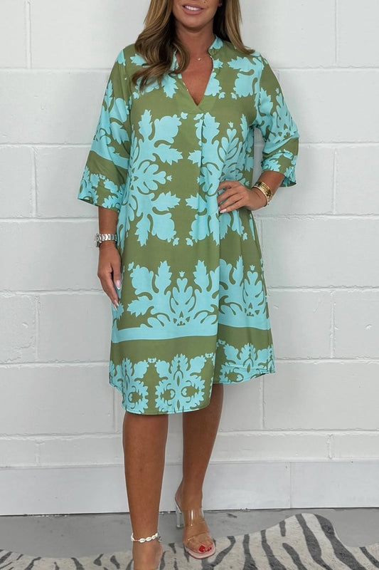 Women's V neck patterned tunic long sleeve dress