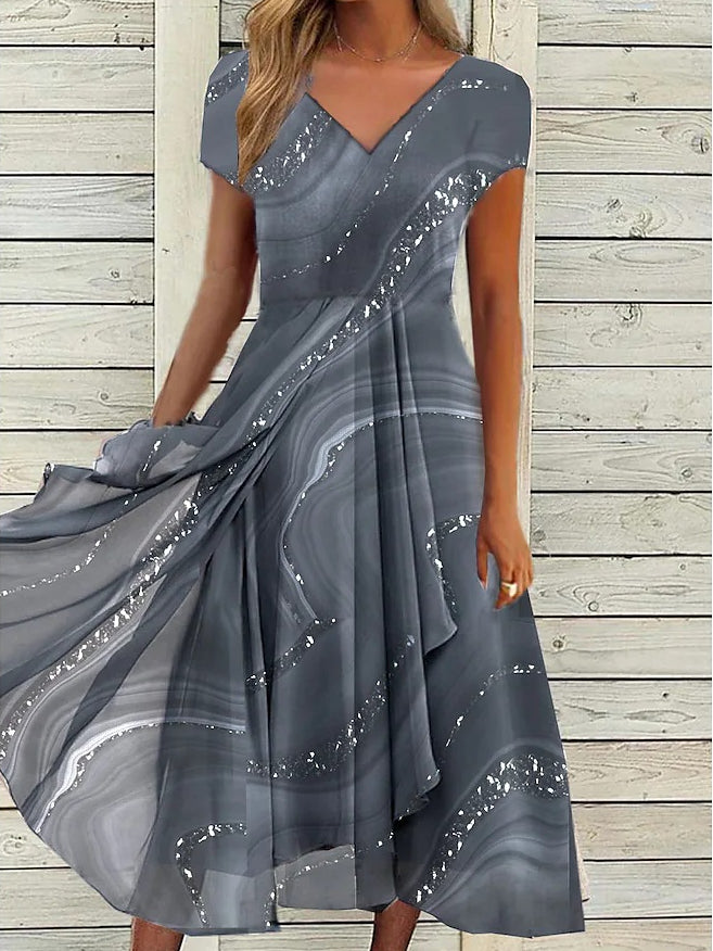 Fashionable printed patchwork irregular hem dress Grey