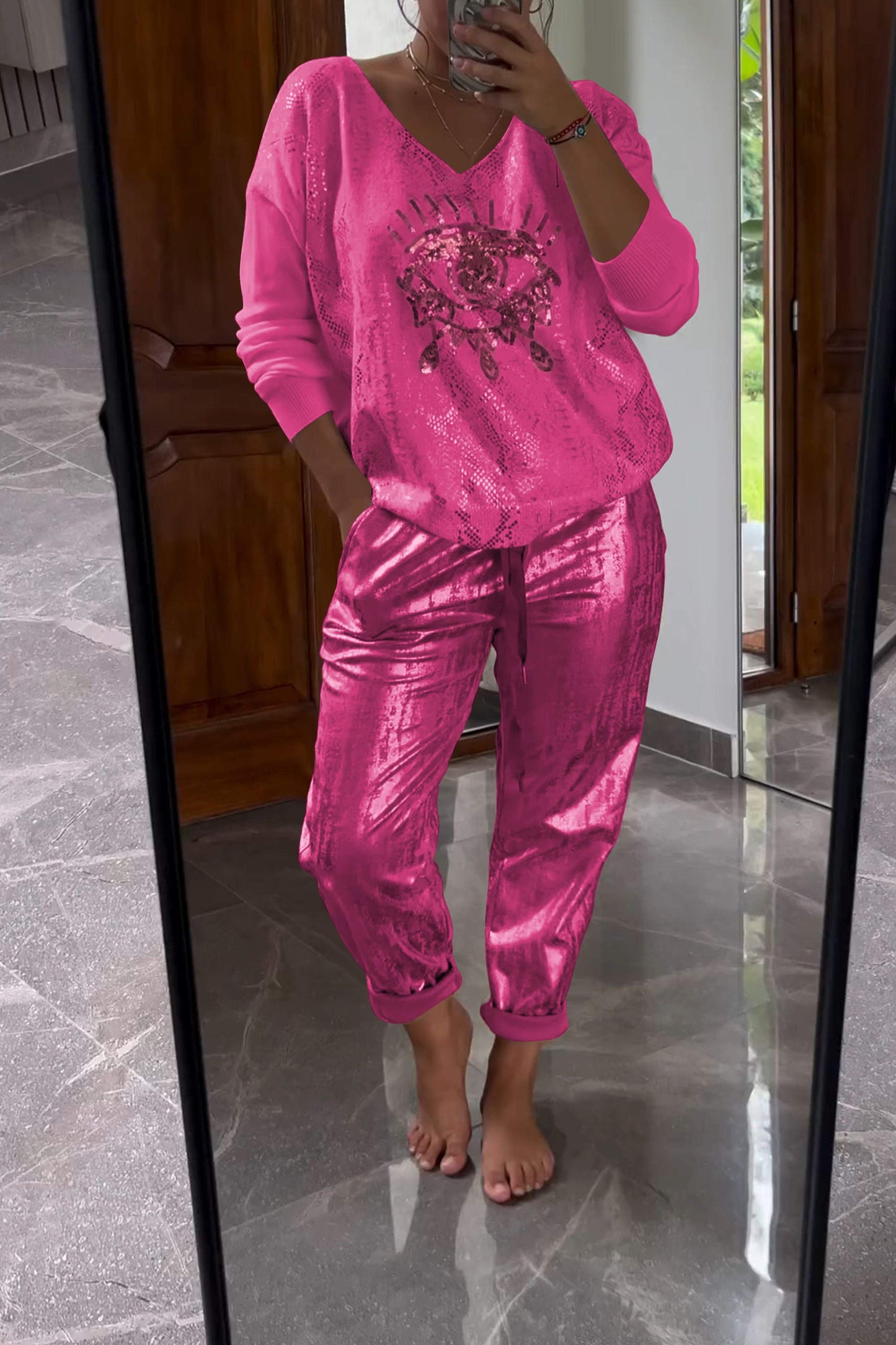 Fashionable Sequin Top And Bronzing Trousers Two-piece Set Rose red