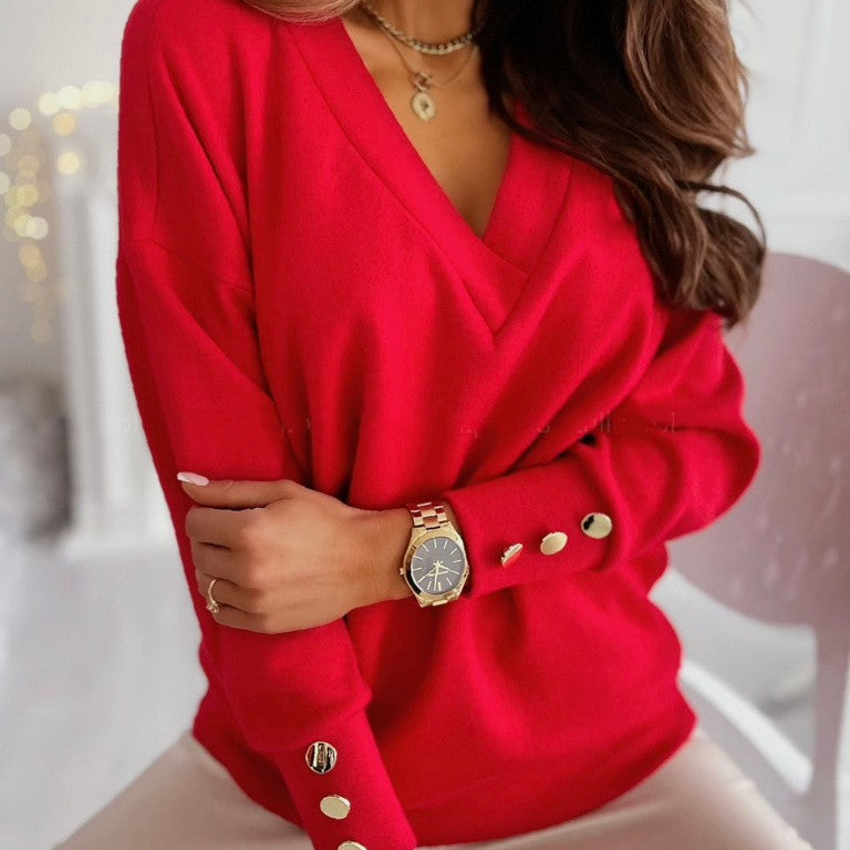 Solid Cuffs Button Top V-neck Knit red