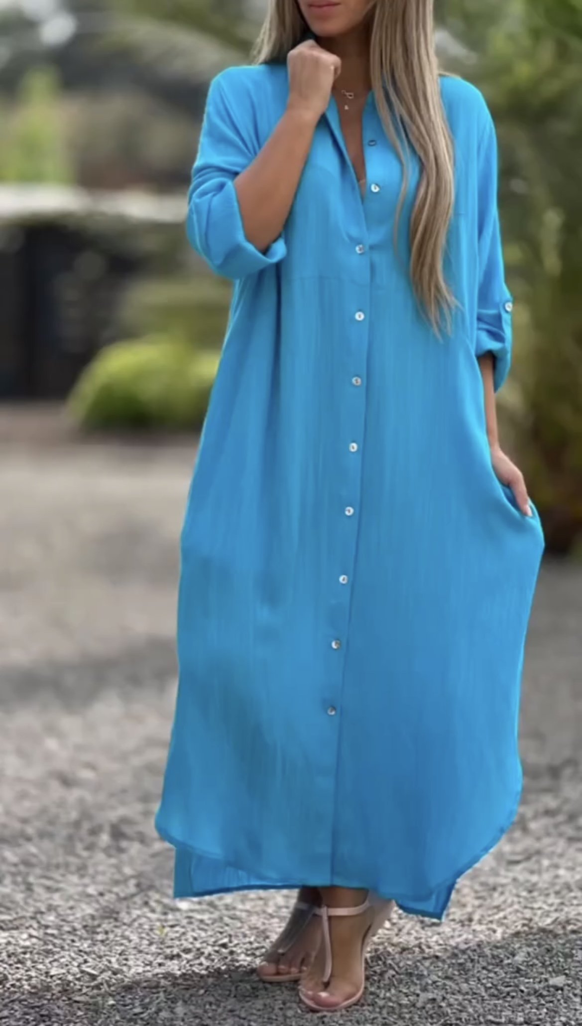 Women's Casual Solid Color Button Front Linen Shirt Dress Light Blue