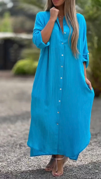 Women's Casual Solid Color Button Front Linen Shirt Dress Light Blue