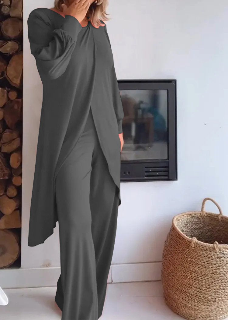 Round Neck Long Cardigan and Trousers Suit gray