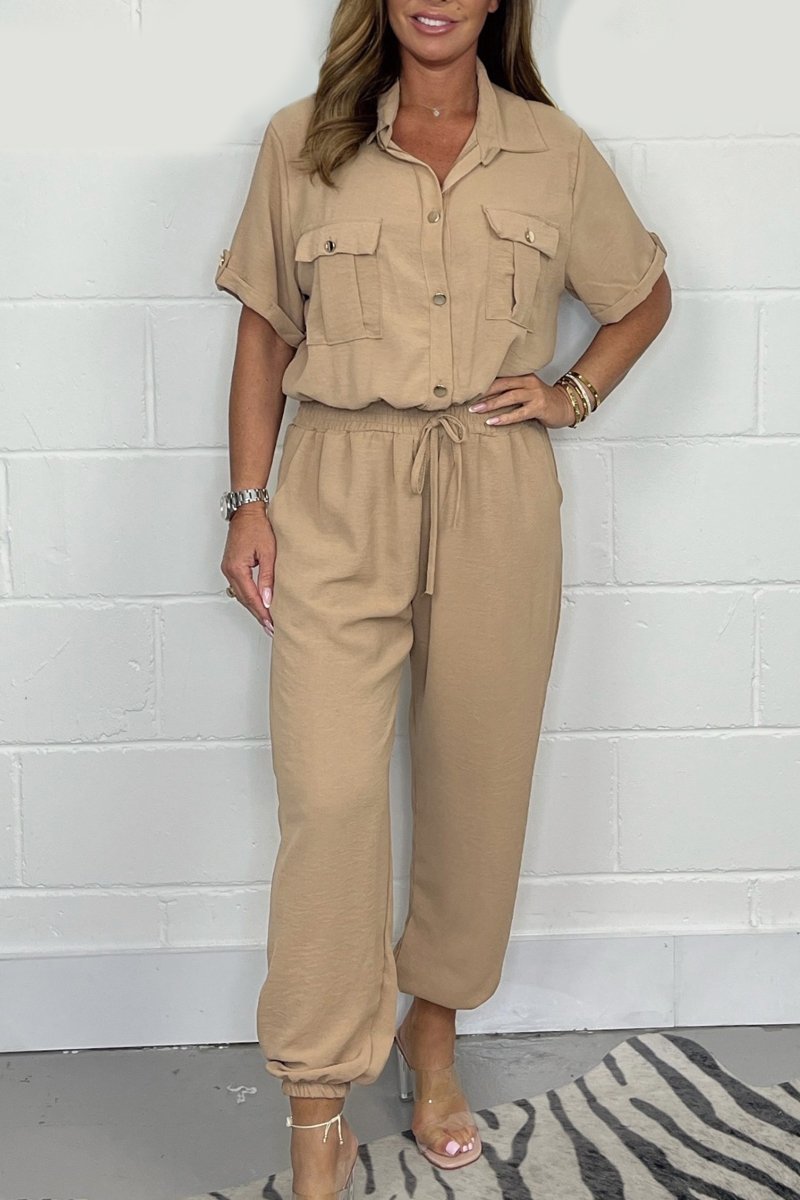 Gold Button Tie Jumpsuit Camel