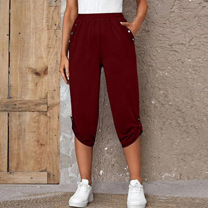 Fashion Casual Seven-point Elastic Pants Wine red