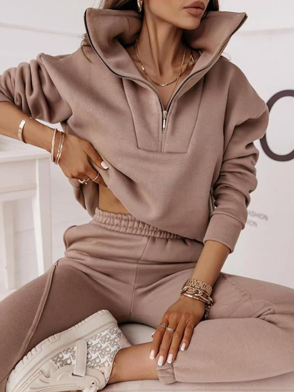 Hoodie Stand-up Collar Zipper Jacket Solid Color Long Pants Suit Brown