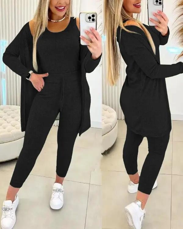 Women's Round Neck Tank Top & Drawstring Pants Set With Coat Black