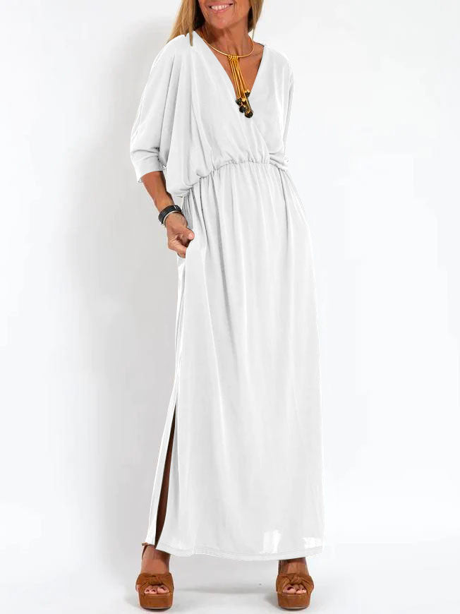 Women's Casual Solid Color V Neck Slit Dress White