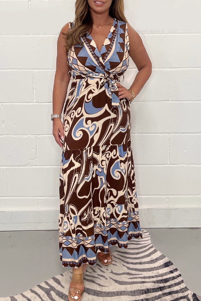 V-neck printed long dress Brown