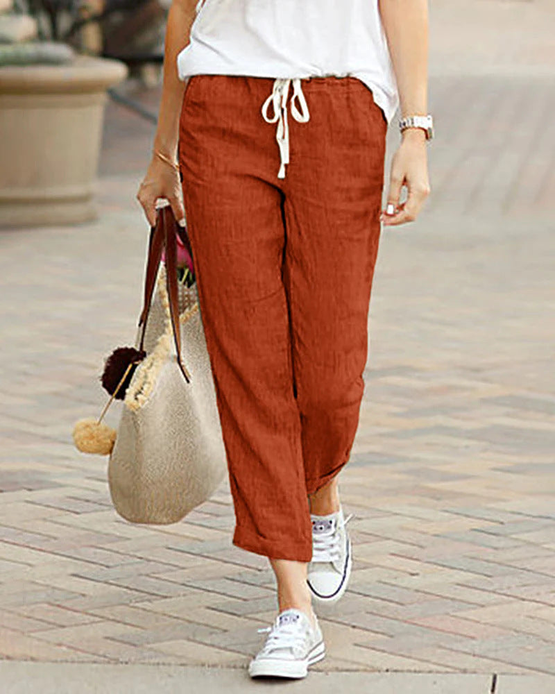 Solid Color Loose Casual Cotton and Linen Cropped Pants Orange