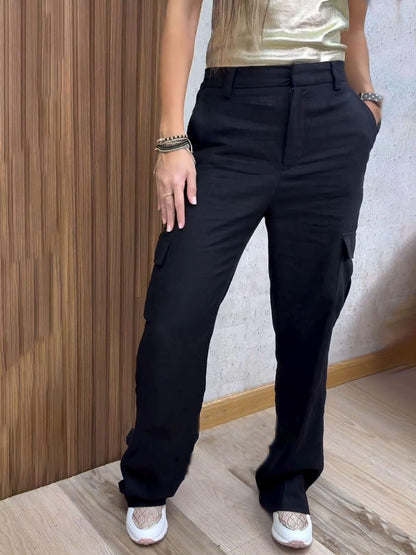 Women's Cotton and Linen Pocket Casual Trousers