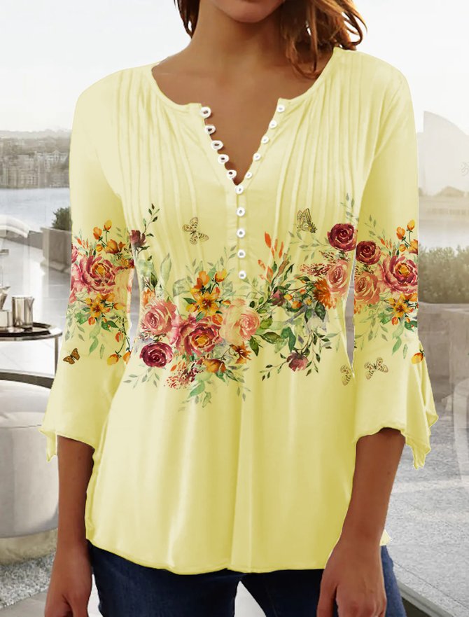 Women's Ethnic Casual V-neck A-Line Tops Yellow