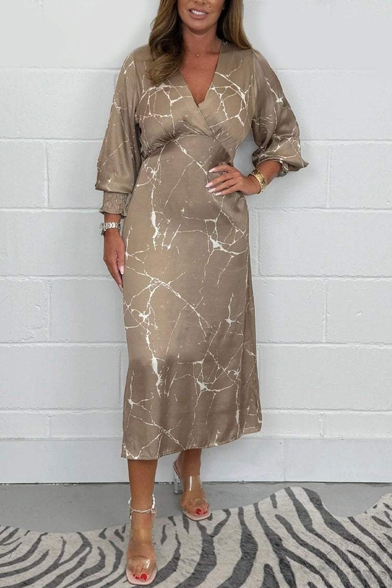 Women's Satin V Neck Long Sleeve Midi Dress