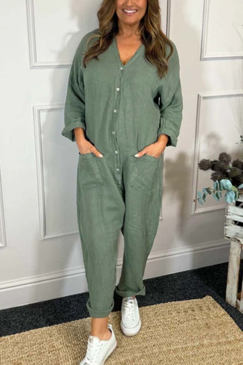 Women's casual V-neck cotton and linen long-sleeved jumpsuit