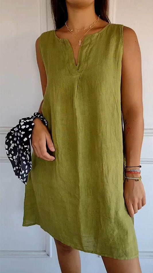 V-neck Sleeveless Cotton and Linen Dress Olive Green