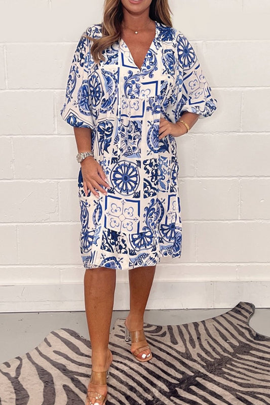 Ink printed puff sleeve dress Blue