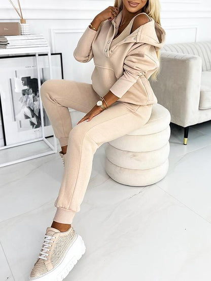 Women's Fashionable Solid Color Hooded Sweatshirt 3-piece Set Khaki