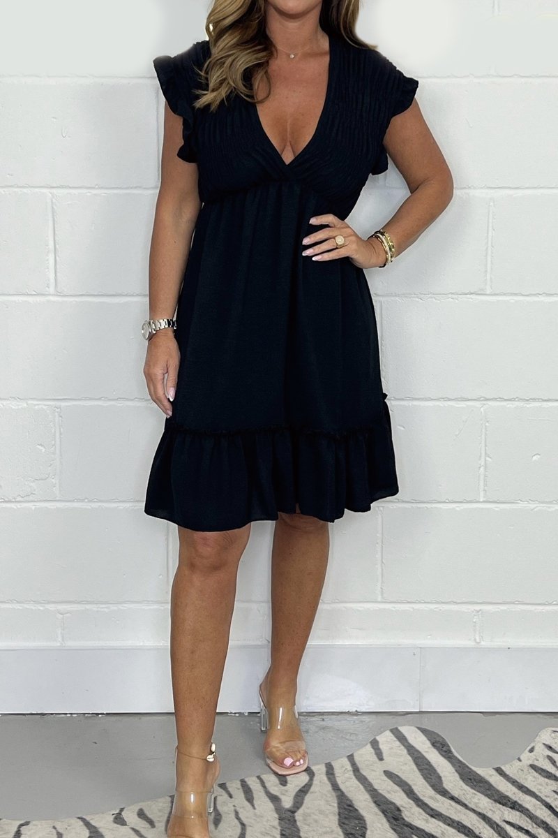 V neck Smocked Dress Black