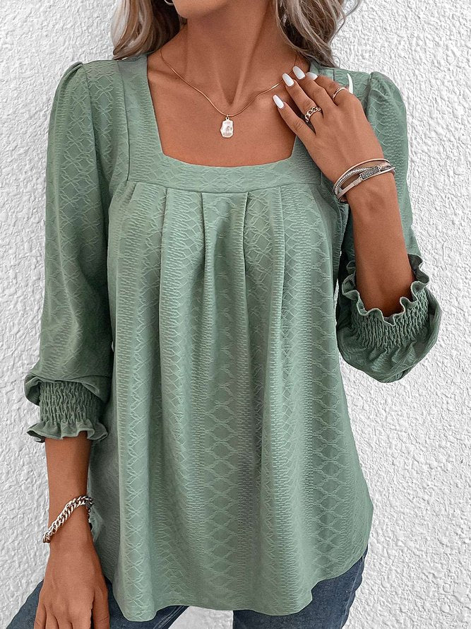 Jacquard Plain Square Neck Loose Casual Long Sleeve T-Shirt Green