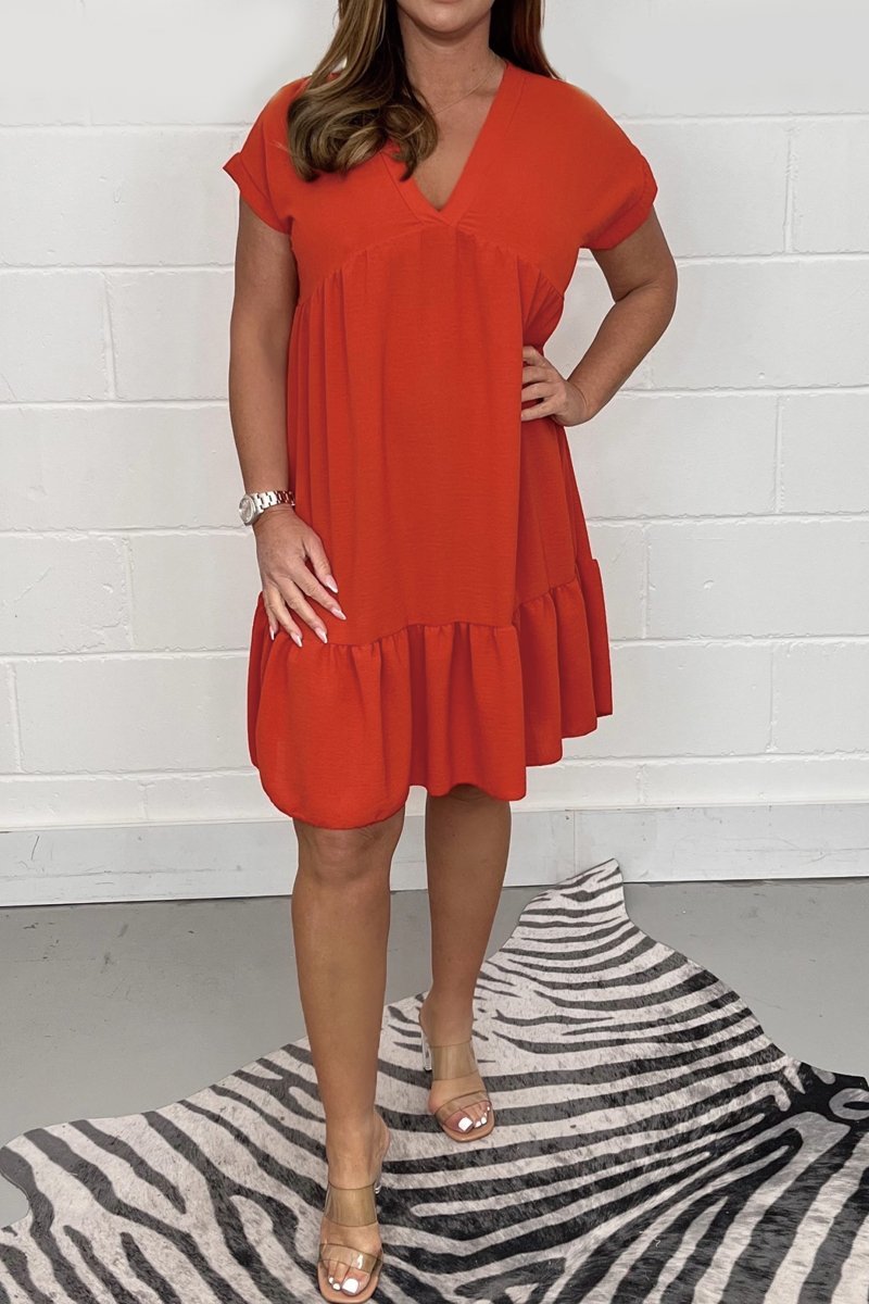 V-neck rolled sleeve dress Red