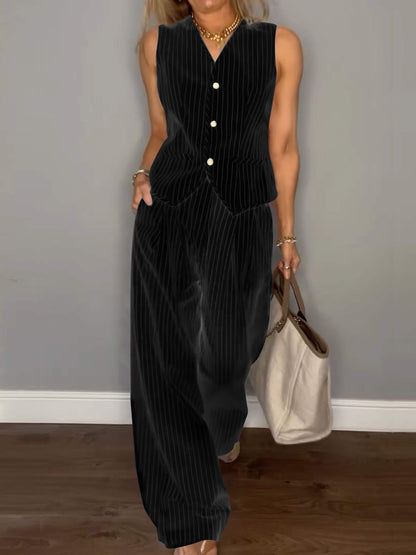 Casual V-neck Striped Two-piece Suit Black