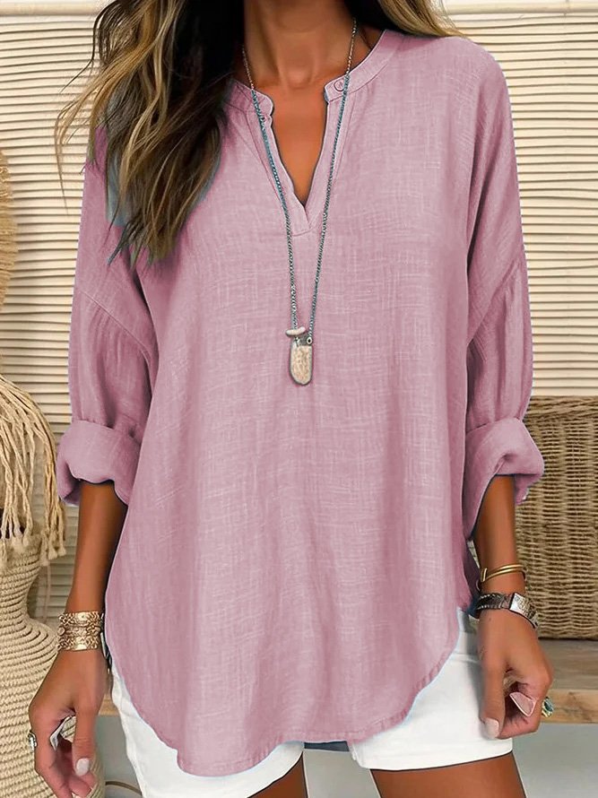 V Neck Long Sleeve Plain Regular Loose Shirt For Women Pink