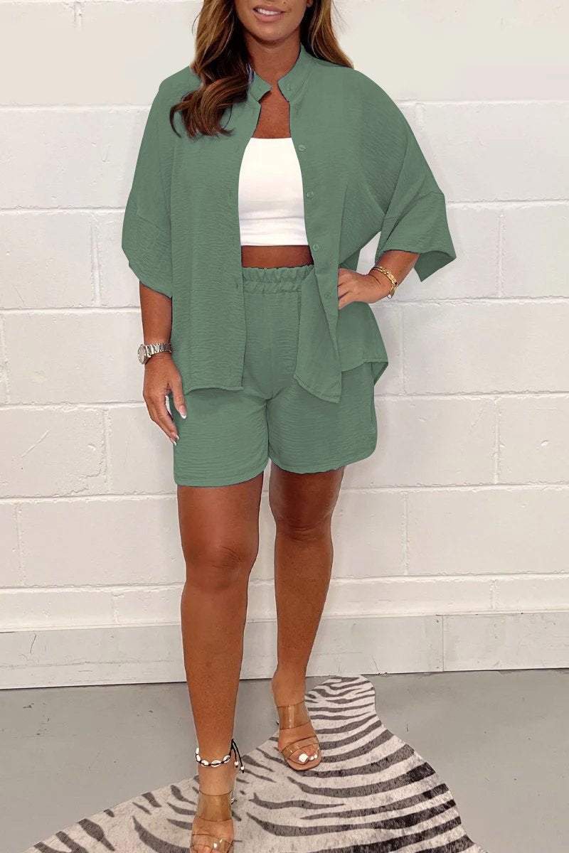 Casual shirt shorts suit Army green