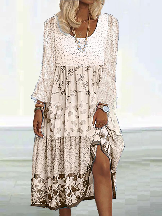 Floral Printed Long Sleeve Sweet Boho Dress Beige