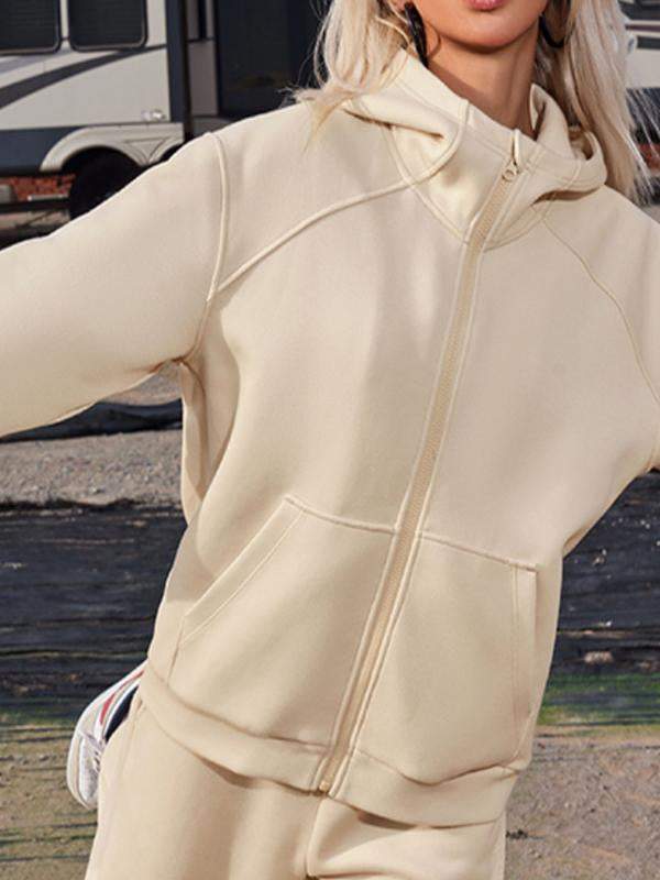 Women's solid color hooded long-sleeved ankle set sports two-piece set