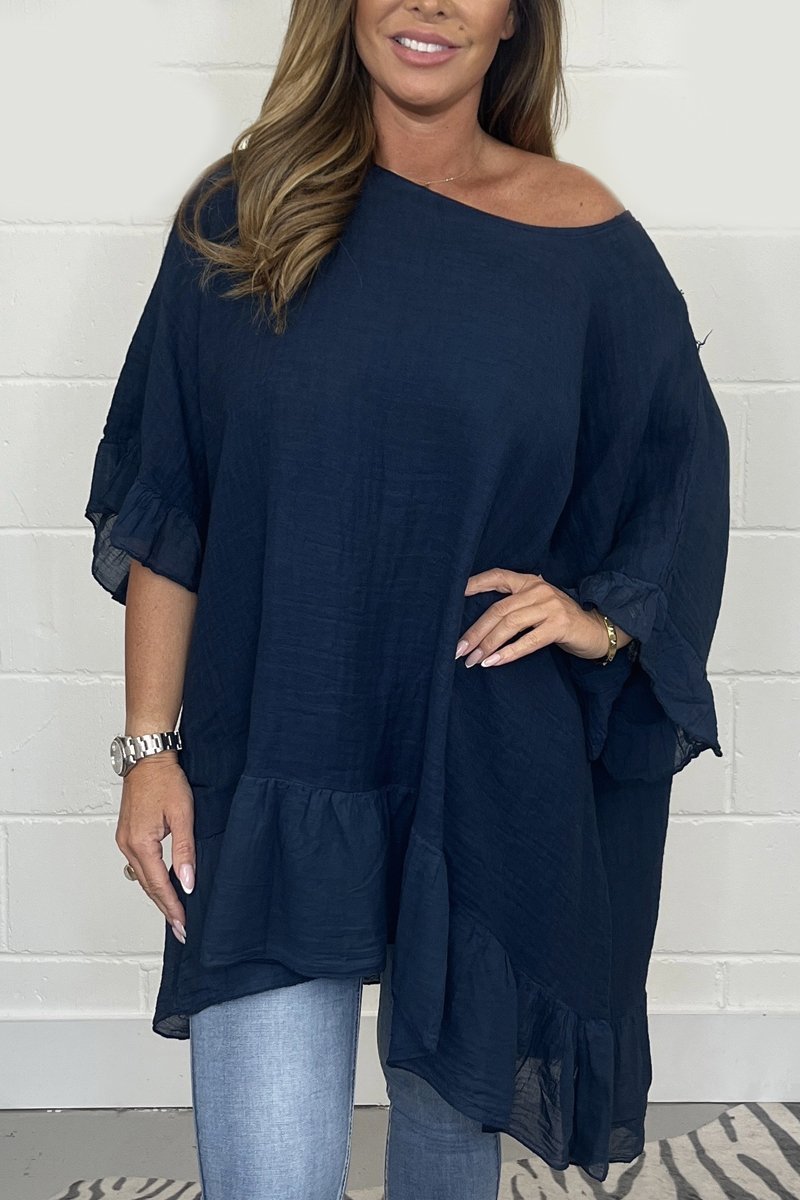 Solid color loose cotton and linen top Navy blue