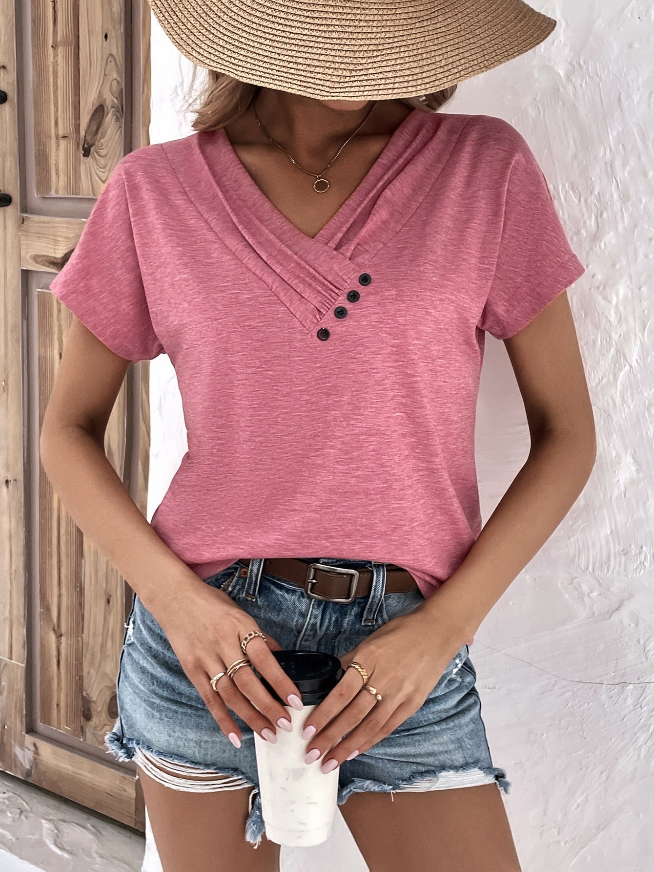 Button Detail V Neck Tee