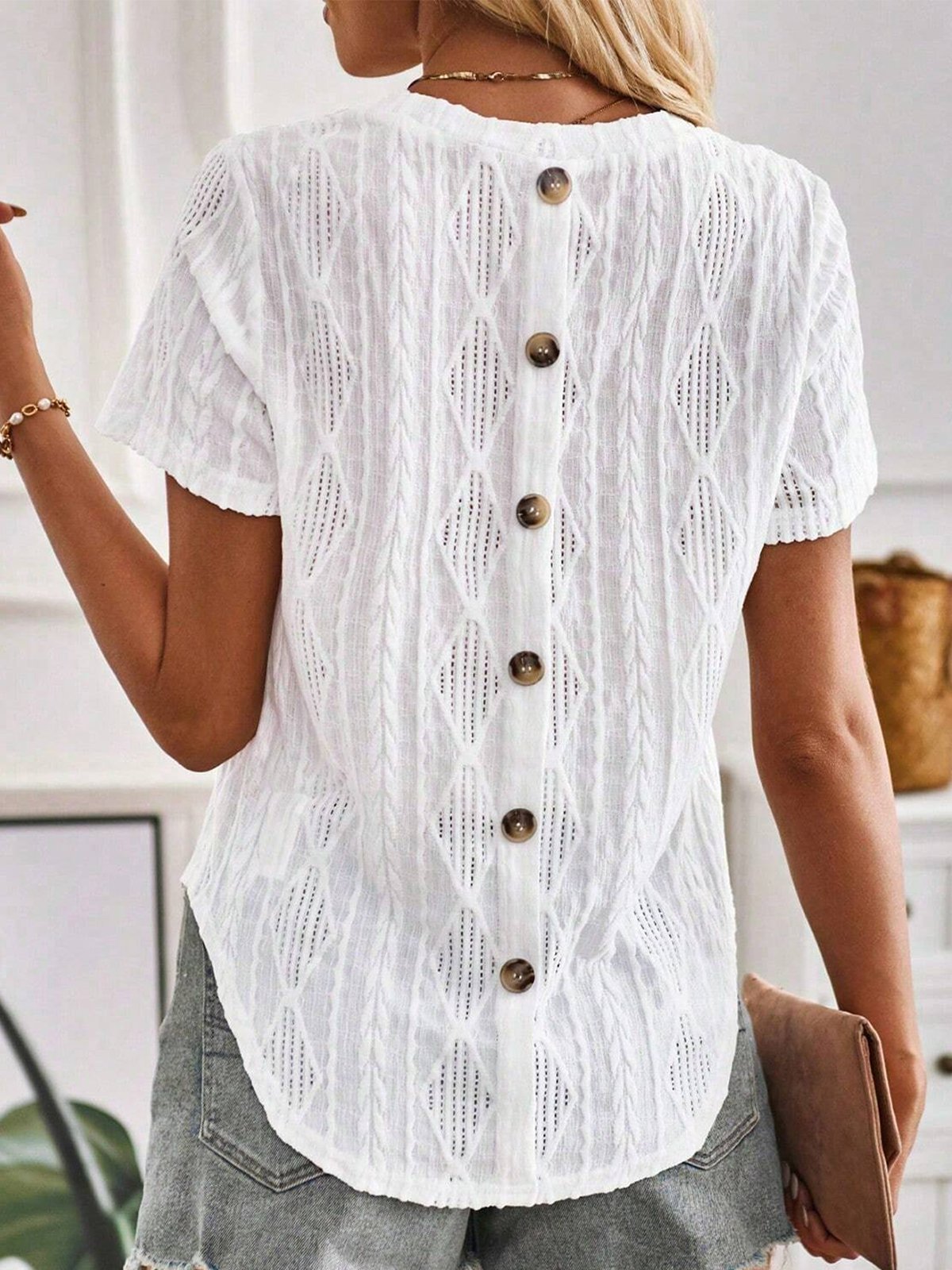 Buttoned Simple Plain Crew Neck Blouse