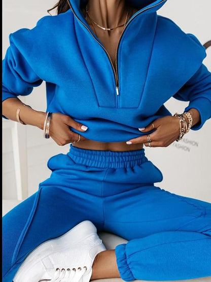 Hoodie Stand-up Collar Zipper Jacket Solid Color Long Pants Suit Blue