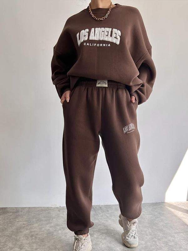 Women's casual fashion printed thick suit plus fleece hoodie long-sleeved pants suit Dark brown