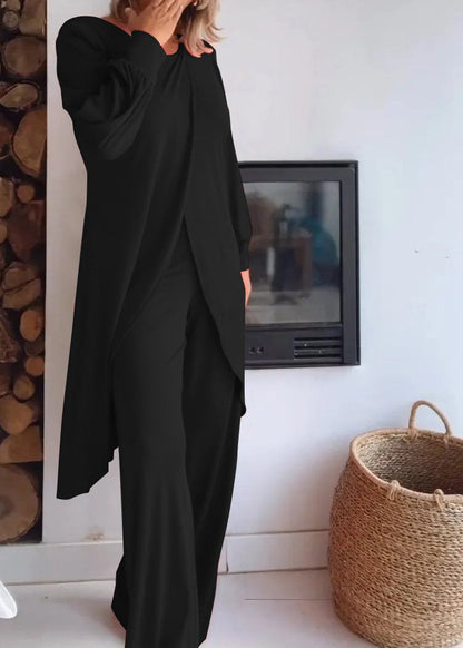 Round Neck Long Cardigan and Trousers Suit black