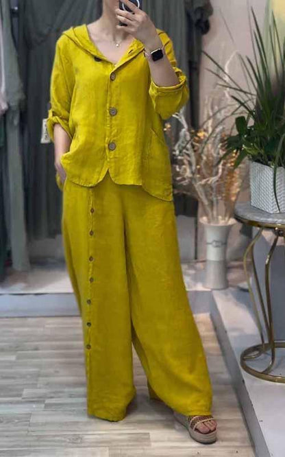 Women's Hooded Solid Color Cotton and Linen Two-piece Suit