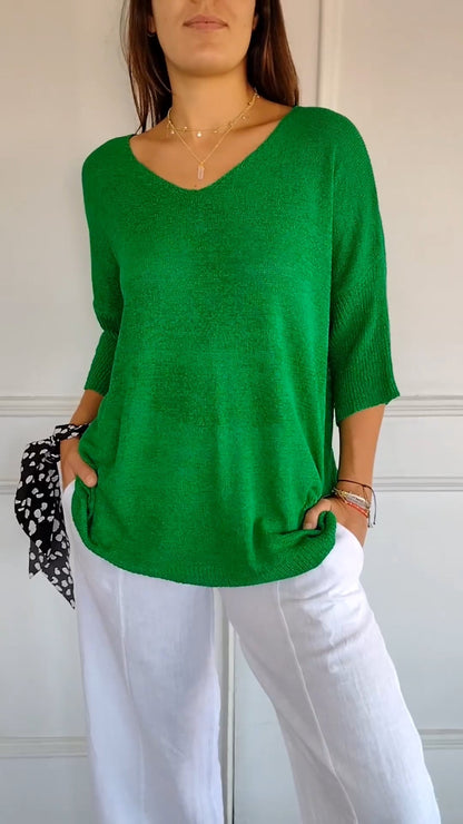 Solid Color Knitted V-neck Top green