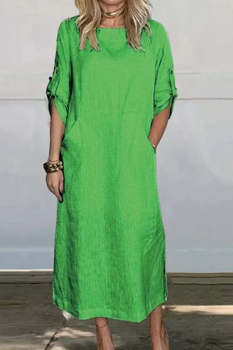 Women's solid cotton and linen dress Fluorescent Green