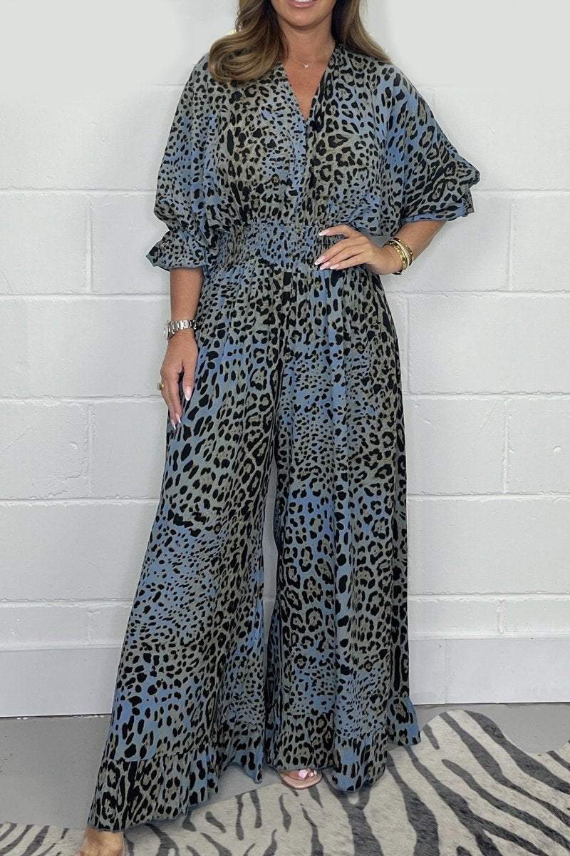 Leopard print casual loose jumpsuit Blue