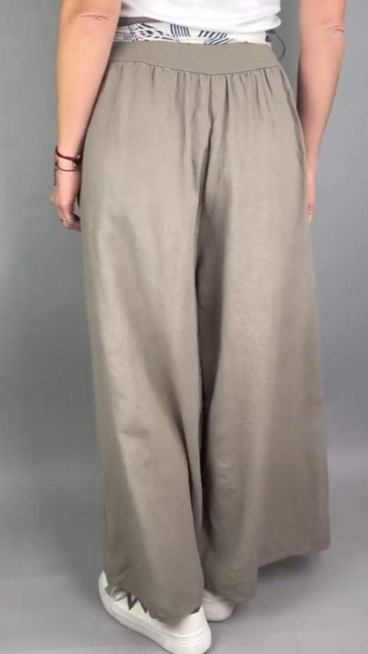 Cotton and Linen Wide-leg Pants with Button Pockets