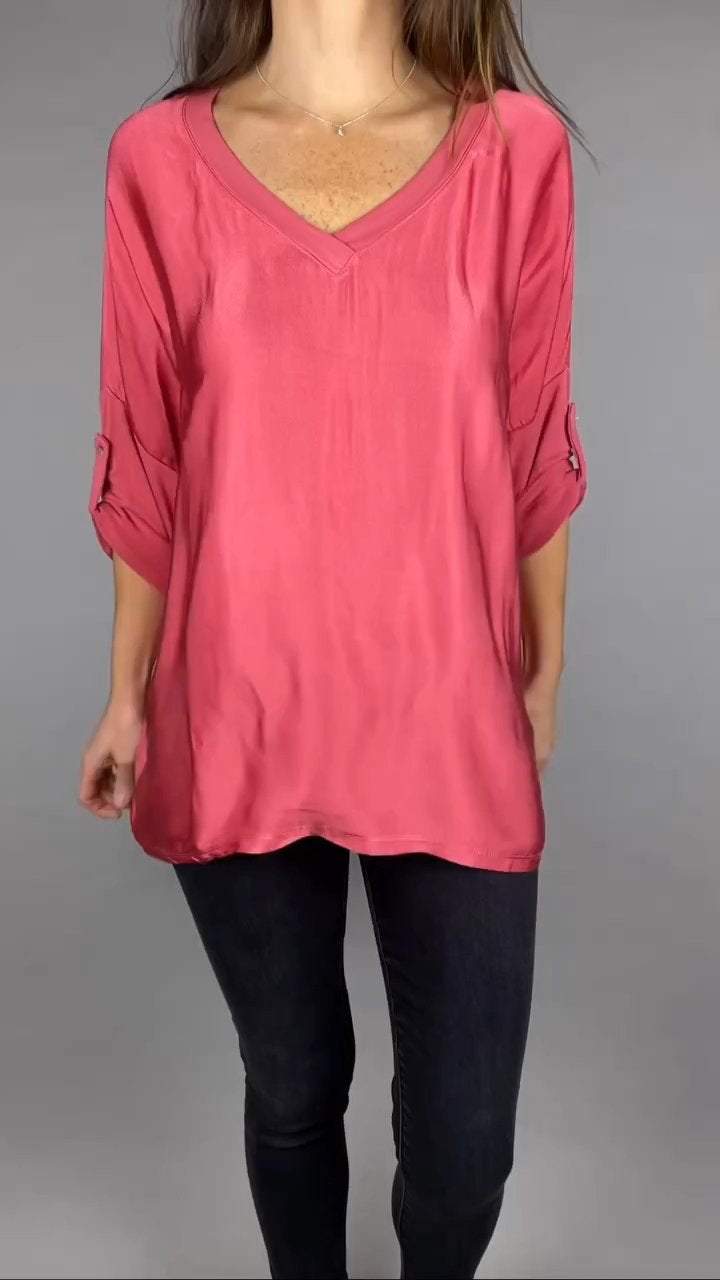 V-neck Casual Satin Mid-sleeve Top